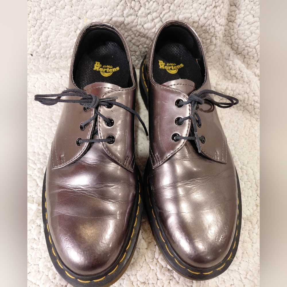 Dr Martens Enamel 3 Eye Pewter Patent Leather Lace Up Oxfords 10084 Womens 9